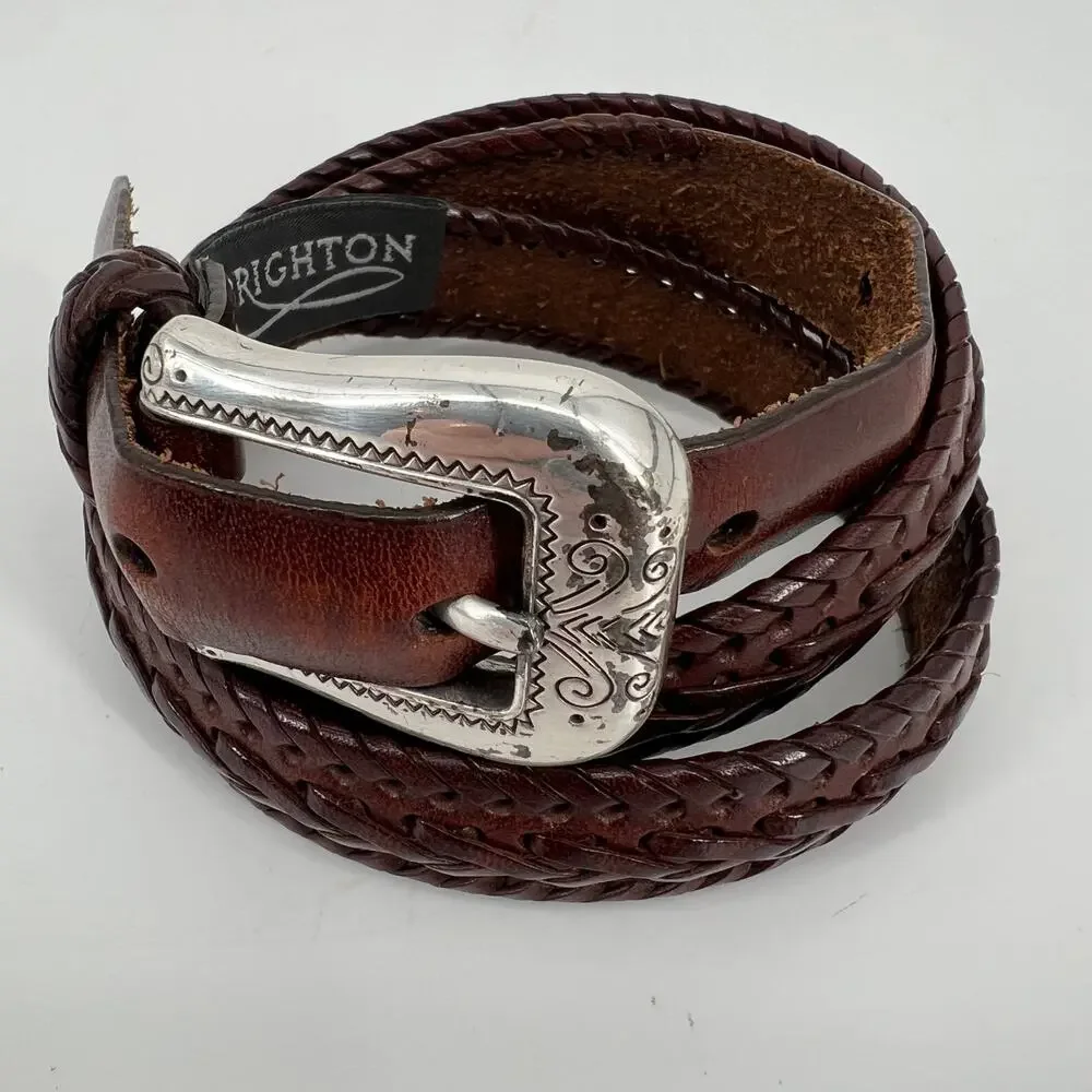 Vtg Y2k Brighton Whip Stitch Belt Women M 32 Dark Brown Leather Silver Buckle
